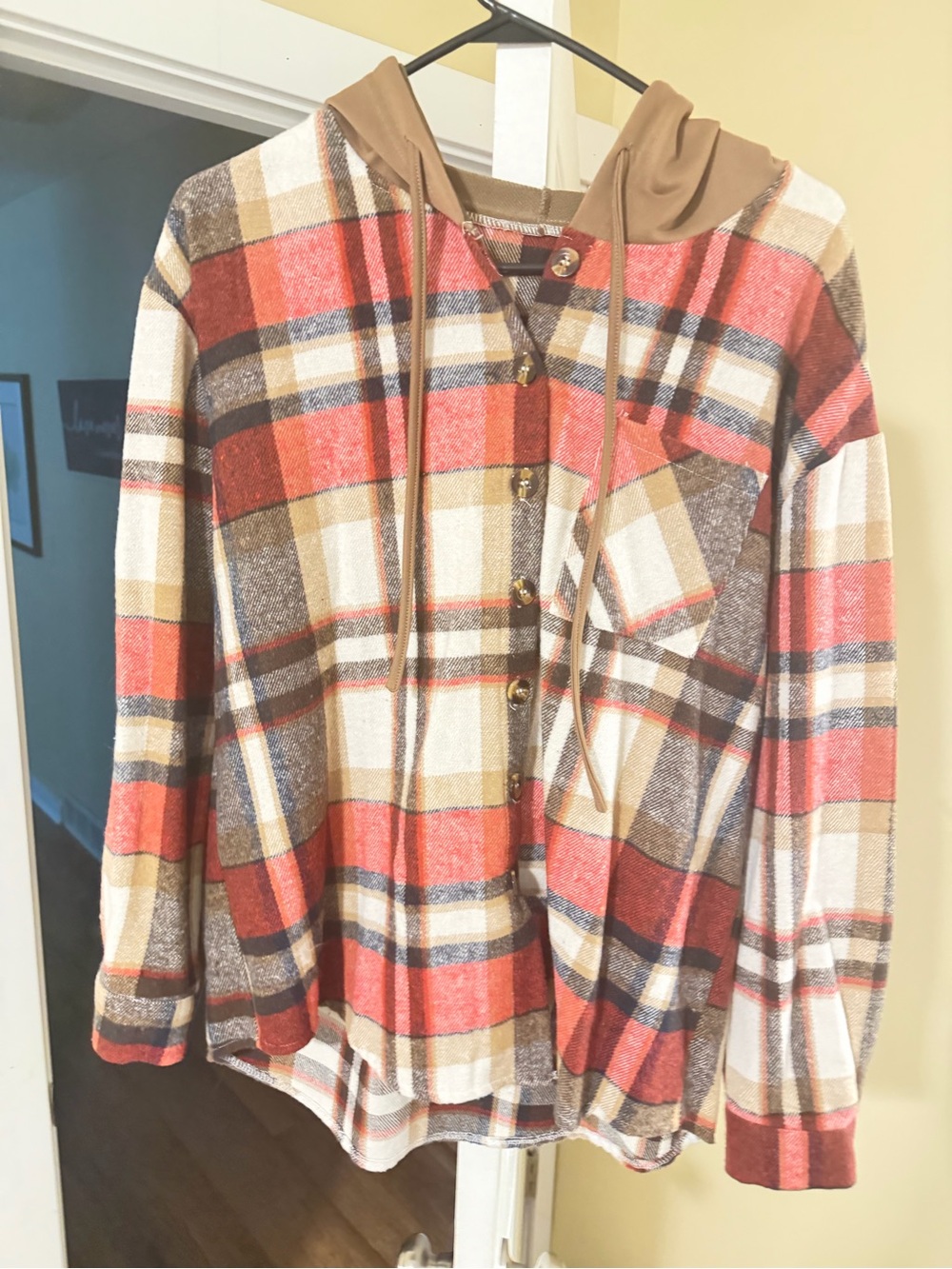 Plaid Hooded Button-Front Flannel- Rust Brown & Cream Size Large